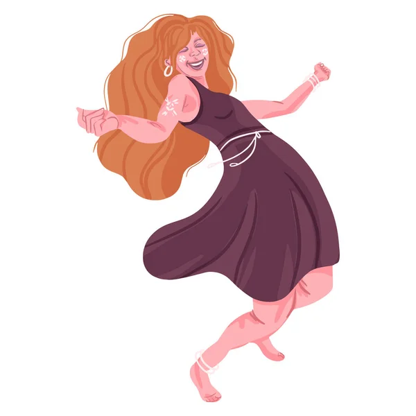 Eccentric beautiful woman in a joyful rhythm dancing. The concept of rhythm, movement, enjoyment. Flat illustration of rhythm and energy. Moving to Sound Rhythm Happy Leisure and Sparetime
