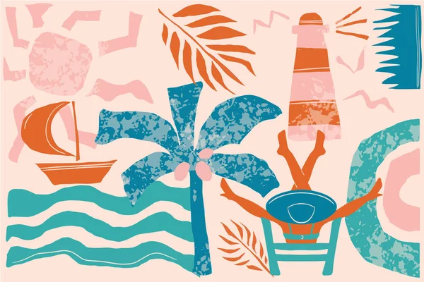 Abstract poster with a girl on the beach with palm trees, sea, lighthouse and birds. Summer chill. Summertime vacation card with female resting. Pinky flat vector illustration