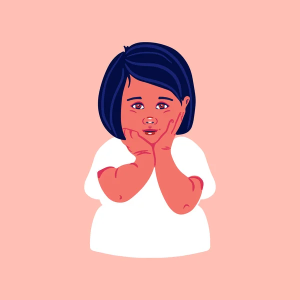 Little cute girl is shy and holds her face with her palms. Portrait of a cute little happy child. Vector flat illustration.