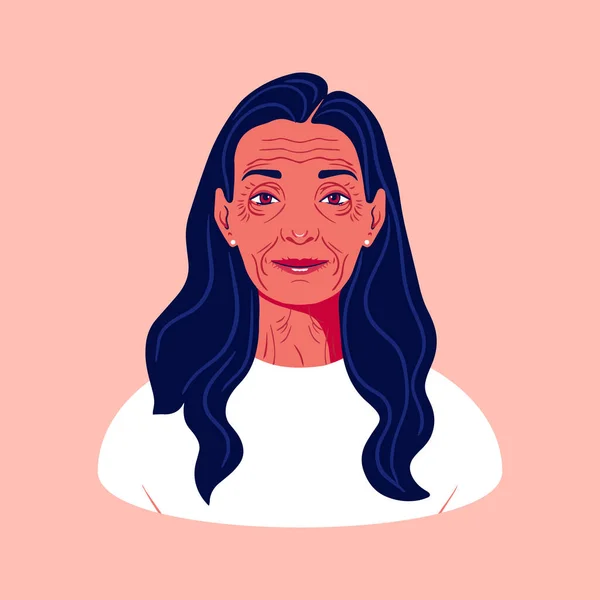 Portrait of an elder woman with wrinkles. Avatar happy grandmother. Woman beauty. Aging. Social networks. Vector flat illustration.