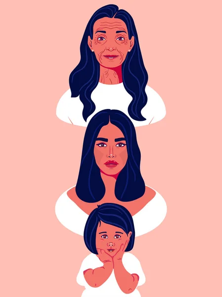 Generation of women. Women of different ages. illustration, flat design. Grandmother, mother and daughter together.