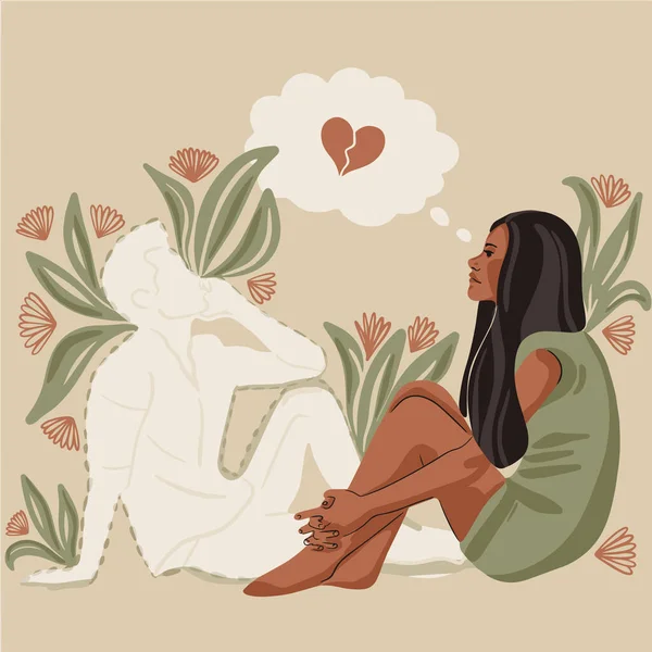 Lonely woman looks at the illusion of a silhouette of a man and thinks about relationship breakdown. The concept of unhappy relationships or unrequited love.
