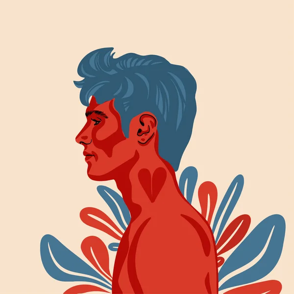 Young male face in profile. Portrait of young modern man in red and blue colors and heart tattoo on the neck. Vector illustration with floral arrangement.