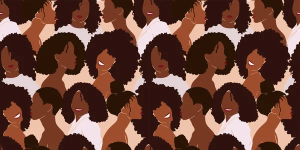Modern Seamless pattern with diverse black womens faces and trendy hairstyles. Female portrait of African Americans with beautiful faces and smiles. Black lives matter