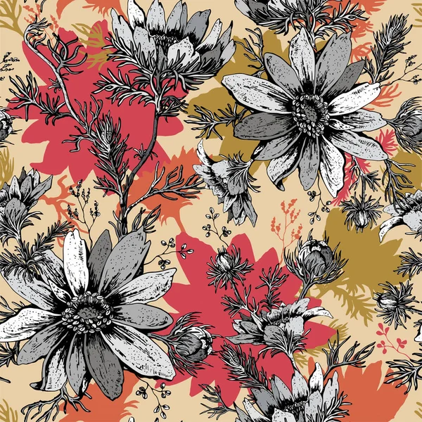 Trendy Elegant Floral vector seamless pattern blooming hand drawn black and white flowers. Botanical Motifs. Template for fashion prints. Printing with in hand drawn style.