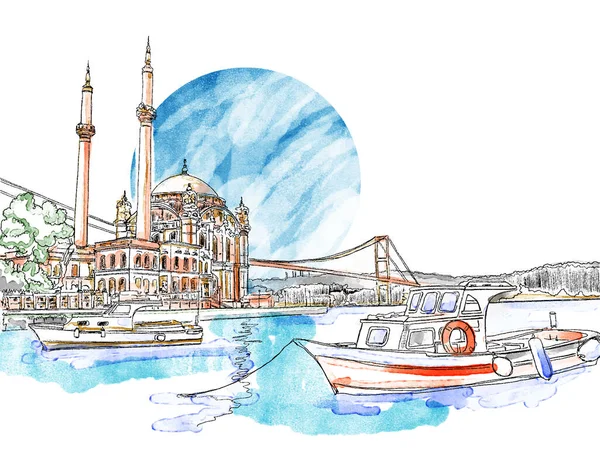 Simple Vector Watercolor Sketch Istanbul Turkey City View Ortakoy Mosque — Stok Vektör