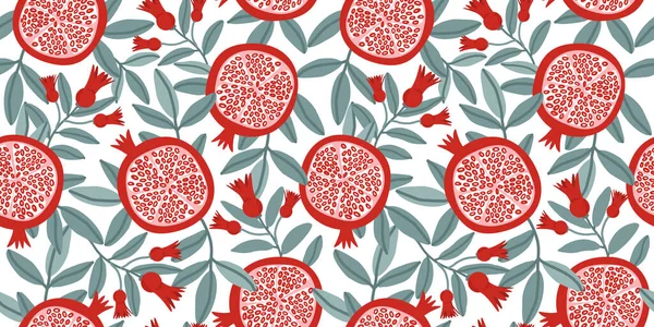 Floral seamless pattern with pomegranate fruits and seeds illustration. Vector Design for cosmetics, spa, pomegranate juice, health care products, perfume. Transparent background.