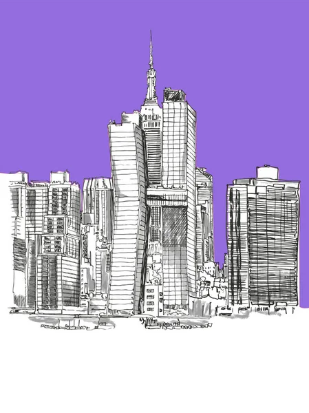 New York City landmark Manhattan downtown skyscrapers sketch. Hand drawn line art illustration New York, USA. Simple urban art