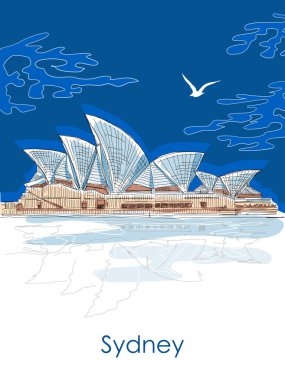 World Famous landmark. Simple sketch of Opera House landmark. Iconic theater, Sydney, Australia. Traveling. Vector illustration for postcard or poster