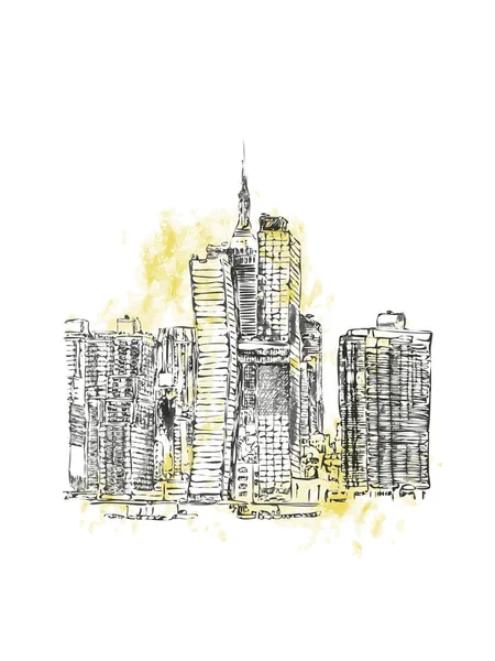 New York City Landmark Manhattan Downtown Skyscrapers Sketch Hand Drawn — Vettoriale Stock