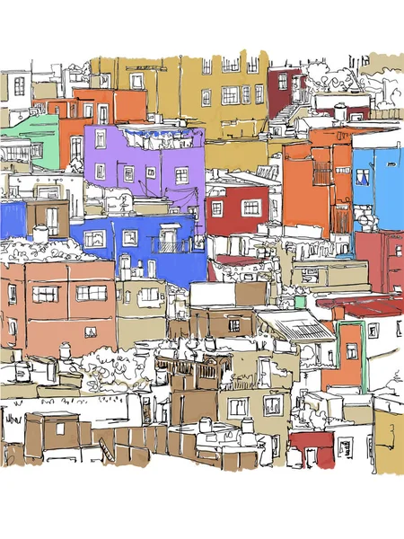 Scene street illustration. Slums and poverty. Hand-drawn ink line colorful sketch of poor districts. Postcards design of in outline style, panorama view.