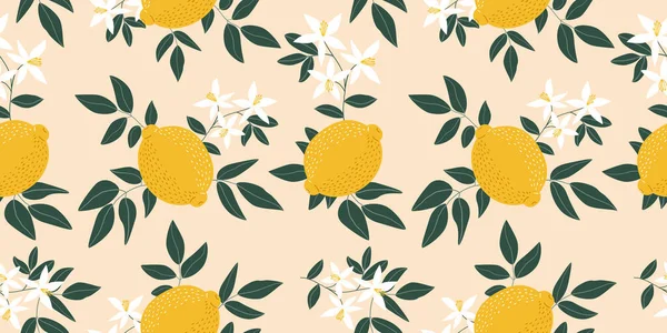 Tropical seamless pattern with yellow lemons and green leaves on pink background. Fruit repeated background. Vector citrus print for fabric or wallpaper.