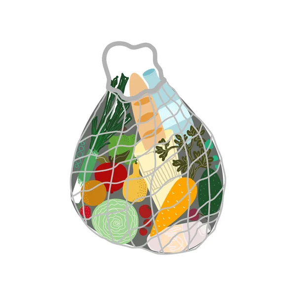 Turtle shopping organic bag with products flat vector illustration. Grocery purchases with natural food, organic fruits and vegetable. Department shopping store goods.