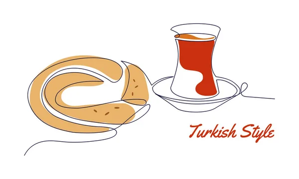 Traditional Turkish breakfast. Tea and Simit or Turkish bagel. Abstract vector one linear continuous art with text Turkish style. Isolated elements for banner, logo or social media.