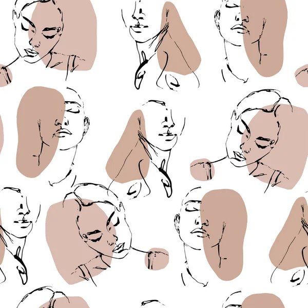 Portret minimalistic style. Continuous line. Hand-drawn vector seamless pattern with portraits in modern style. Contemporary fashionable illustration