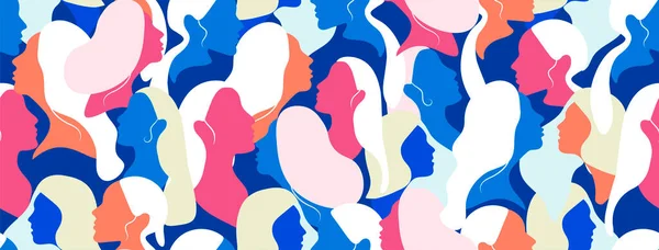Powerful woman movement face character. Vector seamless pattern with women faces of different nationalities and cultures. Struggle for freedom, independence, equality. Vector templates for banner, card, poster, flyer and other users