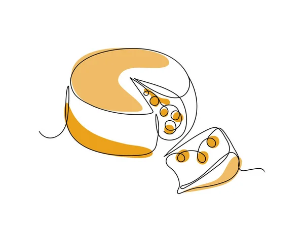 heese in continuous line art drawing style. Wheel of cheese with holes and a piece cut from it. Vector illustration. Minimal abstract art. Black linear art on white background with colorful spots