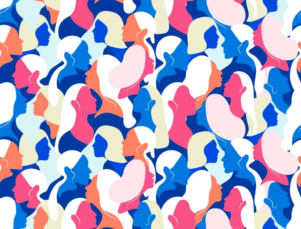 International Women's Day. Vector seamless pattern with women colorful faces. Flat illustration with colorful faces and black hair. Abstract art