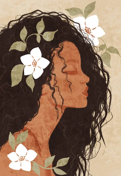 Elegant girl in profile in boho authentic modern style. Girl in white flowers. The concept of beauty, femininity and tenderness. Modern contemporary illustration for a poster or postcard.