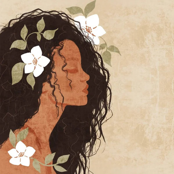 Avatar of elegant girl in profile in boho authentic modern style. Girl in white flowers. The concept of beauty, femininity and tenderness. Modern contemporary illustration for a poster or postcard.