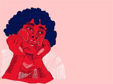 A young curly-haired guy, frustrated and depressive, looks to the side thoughtfully. Pencil and pen style. Modern authentic vector art on a pink background. Mental and psychological problems, anxiety, boredom and nostalgia.