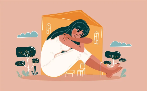 Genç bir kadın dizlerinin üzerine çöker ve sıkışık bir evde üzgün üzgün oturur. Üzüntü, depresyon ve düşünceler. Yalnızlık, güvensizlik, akıl hastalığı, üzüntü ve yorgunluk kavramı. İçine kapanık genç..