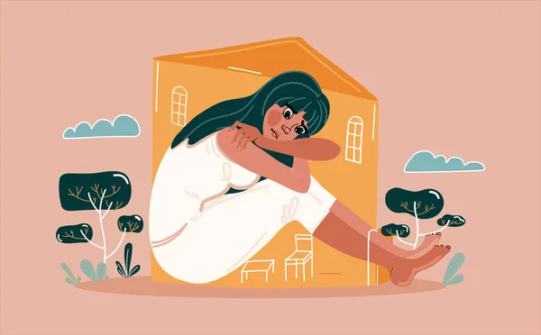 Genç bir kadın dizlerinin üzerine çöker ve sıkışık bir evde üzgün üzgün oturur. Üzüntü, depresyon ve düşünceler. Yalnızlık, güvensizlik, akıl hastalığı, üzüntü ve yorgunluk kavramı. İçine kapanık genç..