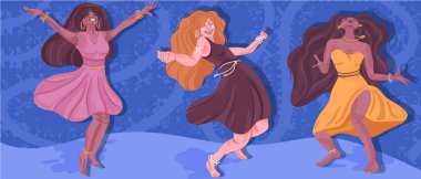 Eksantrik güzel üç kadın neşeli bir ritimle dans ediyor ve müzik dinliyor. Ritim, hareket, keyif konsepti. Ritmin ve enerjinin düz çizimi. Neşeli Ses Ritmi 'ne geçiyoruz.
