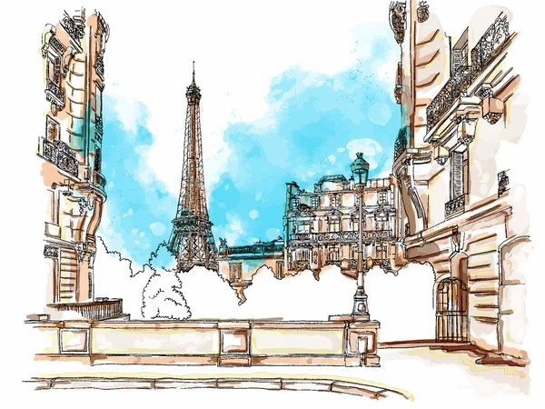Парижская Улица Простой Черно Белый Рисунок Руки Цветными Пятнами Элегантный — стоковый вектор