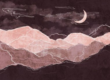 Minimal Moda Tarzı ile Aylı Dağların Soyut Manzarası. Kapaklar için mor renkler, posterler, kartpostallar, sosyal medya hikayeleri. Boho Sanat Yazıcıları.