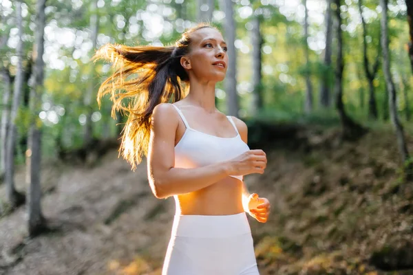 Young Beautiful Girl White Sports Clothes Running Road Dense Forest — Stock Photo, Image