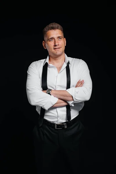 Stylish Young Man White Shirt Rolled Sleeves Poses Black Background — Stock Photo, Image