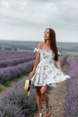 Narin elbiseli ve şapkalı genç bir kız güzel bir lavanta tarlasında yürüyor ve çiçeklerin kokusundan hoşlanıyor. Dinlenme ve güzel doğa. Lavanta açması ve çiçek toplaması..
