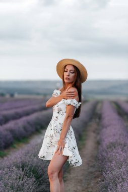 Narin elbiseli ve şapkalı genç bir kız güzel bir lavanta tarlasında yürüyor ve çiçeklerin kokusundan hoşlanıyor. Dinlenme ve güzel doğa. Lavanta açması ve çiçek toplaması..