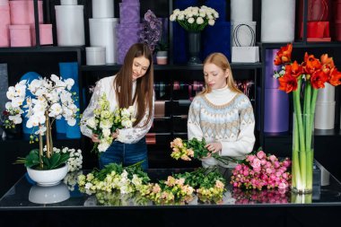 İki genç kadın telefonla sipariş alır ve rahat bir çiçekçide güzel şenlik buketleri yaparlar. Çiçekçi dükkanında çiçek buketi yapıyorlar. Küçük işletme.