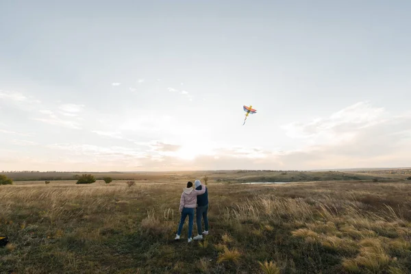 Happy Couple Flies Kite Spends Time Together Outdoors Nature Reserve Royalty Free Stock Photos