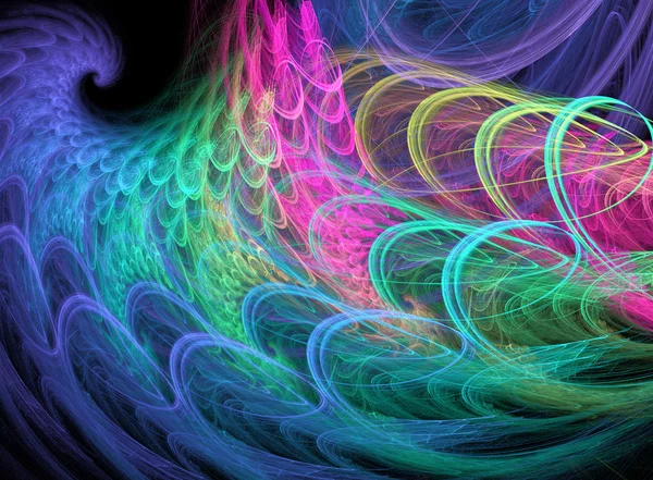 Blauwe, groene en magenta fractal swirl op zwarte achtergrond — Stockfoto