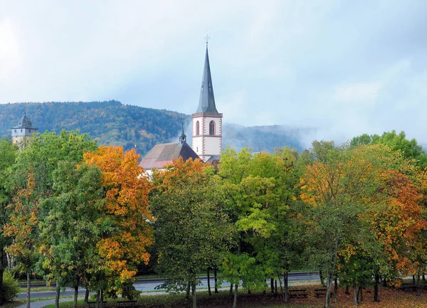 Herbstfarben Flussufer Lohr Main Hessen Einem Schönen Herbsttag — Stockfoto