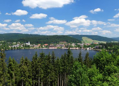 Doğu kıyısından Titisee Kara Ormanı 'na Güzel güneşli bir yaz gününde açık mavi gökyüzü ve birkaç bulutla