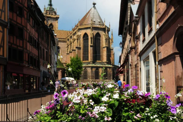 Shopping District Cathedral Martin Colmar Alsace France Beautiful Sunny Spring — 스톡 사진
