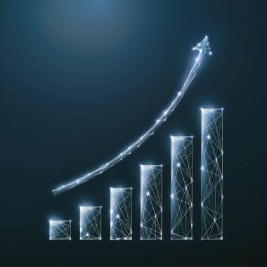 Soyut mavi artan çizelge. Düşük polimerli tasarım. Soyut geometrik arkaplan. Kablo çerçeve ışık bağlantı yapısı. Modern 3D grafik konsepti. İzole vektör illüstrasyonu.