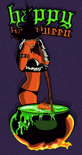 Sexy sorcière cuisson dans le chaudron — Image vectorielle