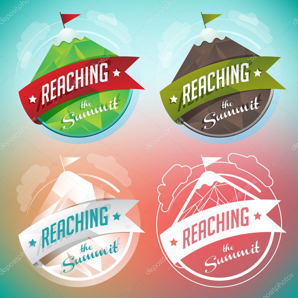 A mountain badge with four different versions for mountaineering, alpinism, label, logos or concept ideas.