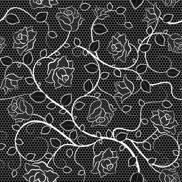 Lace seamless pattern with roses on black background — Stock Vector