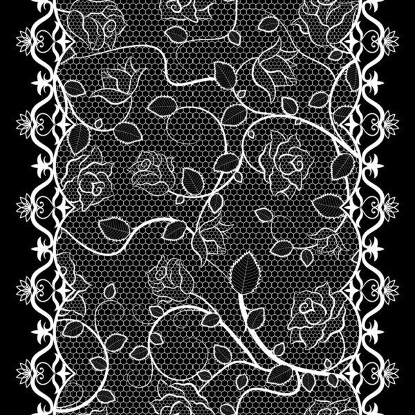 Weiße Spitze nahtloses Muster mit Rosen auf schwarzem Hintergrund — Stockvektor