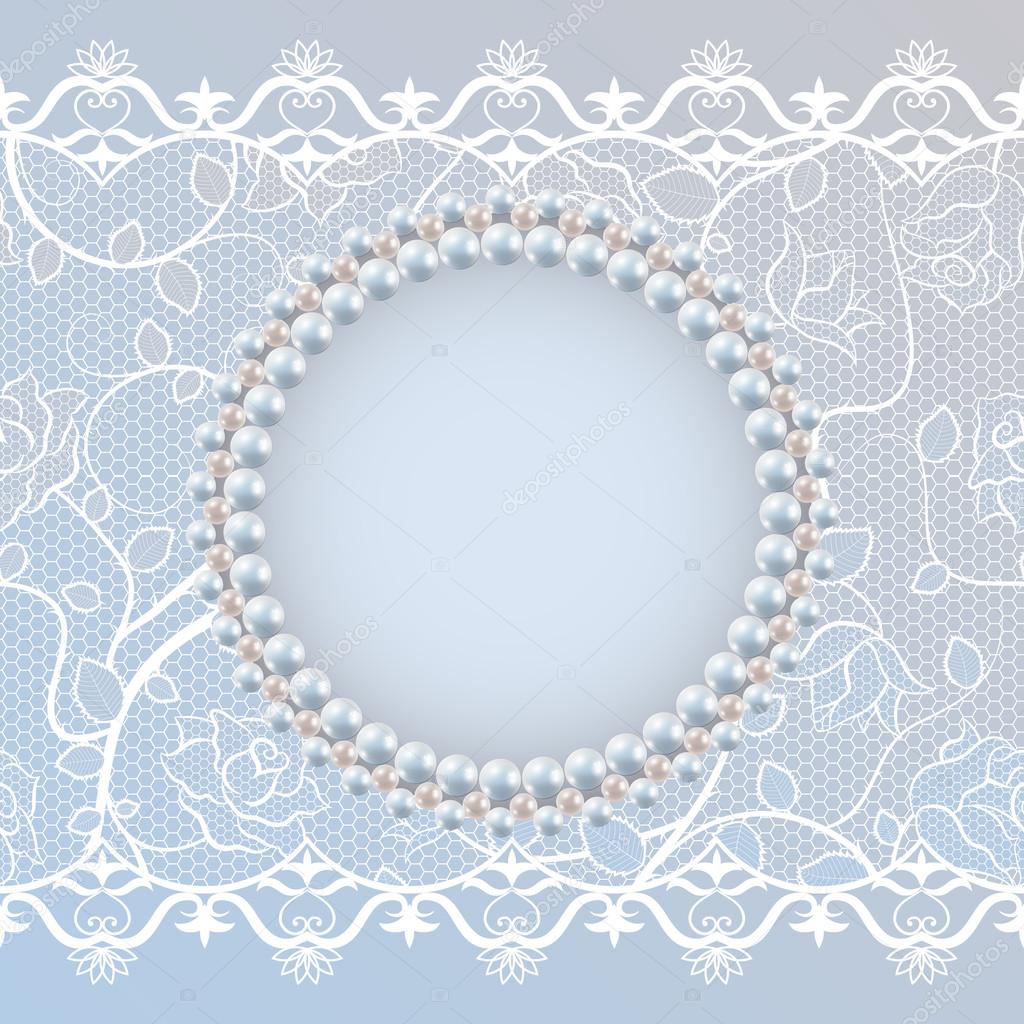 Template for wedding greeting or invitation card with lace and pearl frame