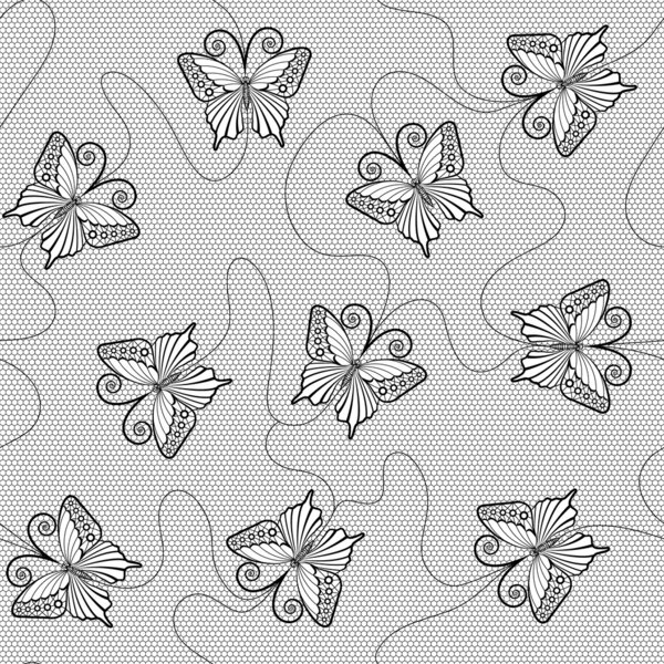 Черные кружева бесшовный рисунок с бабочками на белом фоне
