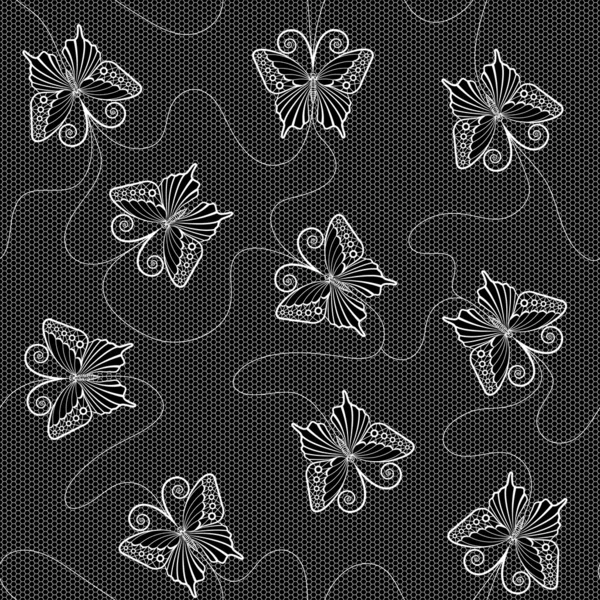 Weiße Spitze nahtloses Muster mit Schmetterlingen auf schwarzem Hintergrund — Stockvektor