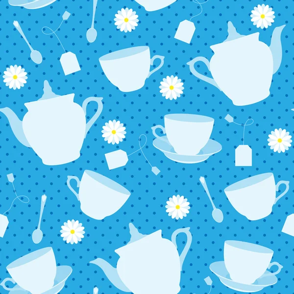 无缝模式与杯子、 茶壶和 chamomiles — 图库矢量图片