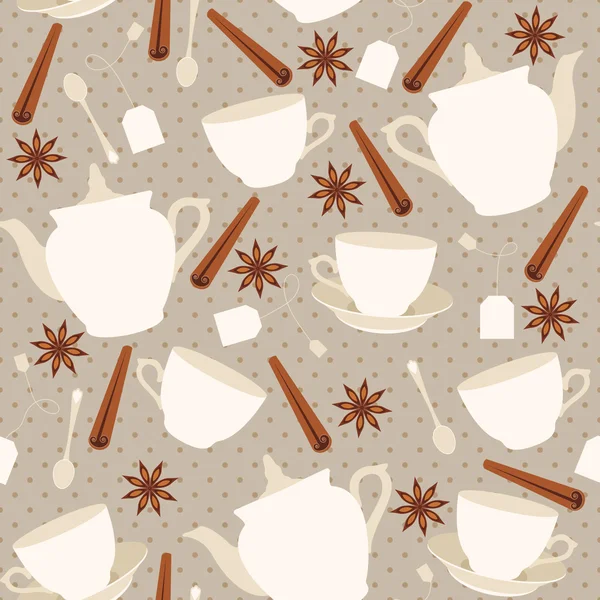 茶杯和茶壶和 annice 与肉桂棒无缝模式 — 图库矢量图片